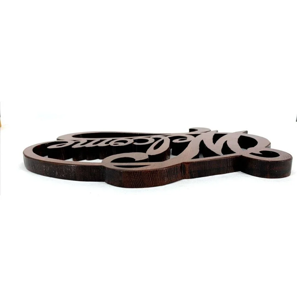 Welcome Sign Cut Wood Script Lettering Brown Wall Decor Handcrafted 13